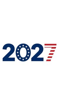 The year 2027 is displayed in bold blue numbers with the '0' featuring a circle of stars and the '7' stylized with red and white stripes.