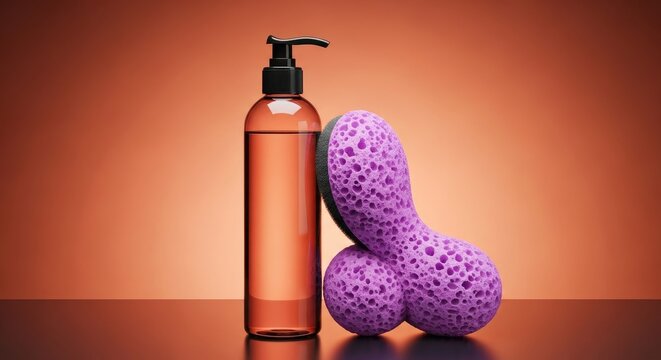 Amber cosmetic bottle and purple sponge on dark surface.
