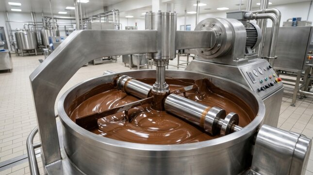 Industrial chocolate conching machine mixing melted liquid chocolate in a factory.
