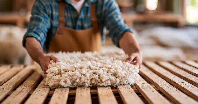 Artisan handling raw wool fleece indoors