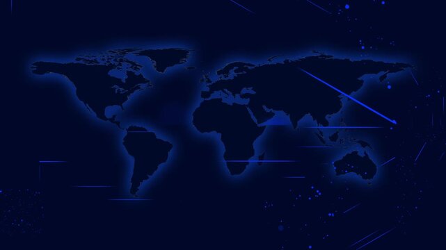 Digital world map displays blue neon glow alongside streaking light vectors. Global logistics tracking software adopts digital world map. Digital world map turns very smoothly.
