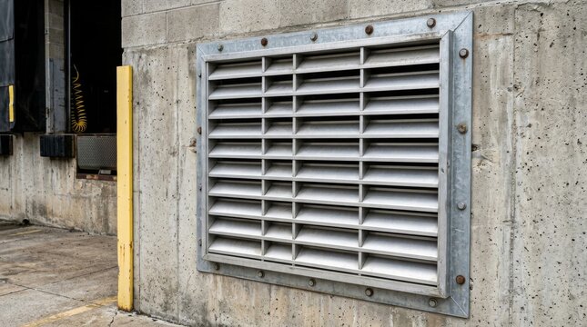 Industrial metal ventilation louver installed on a concrete wall.
