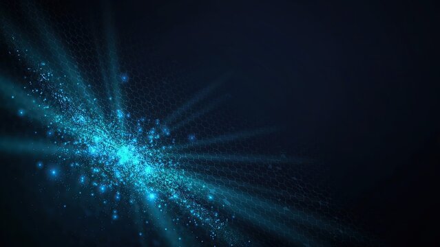 Abstract blue light particles burst diagonally across a dark space background with glowing rays.