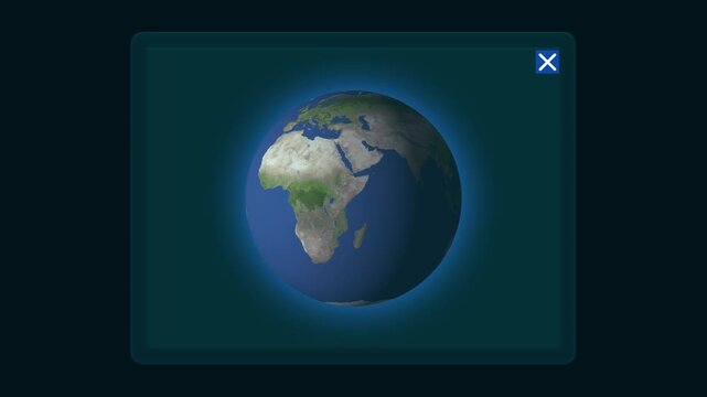 Digital Earth globe rotates cleanly inside a futuristic user interface frame. Global network platforms leverage this Earth globe layout. Earth globe interface graphics turn smoothly.