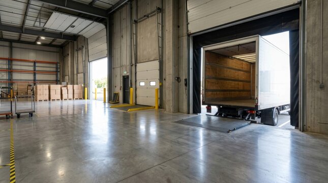 Interior view of a modern industrial warehouse loading dock with a semi truck parked for cargo shipping.
