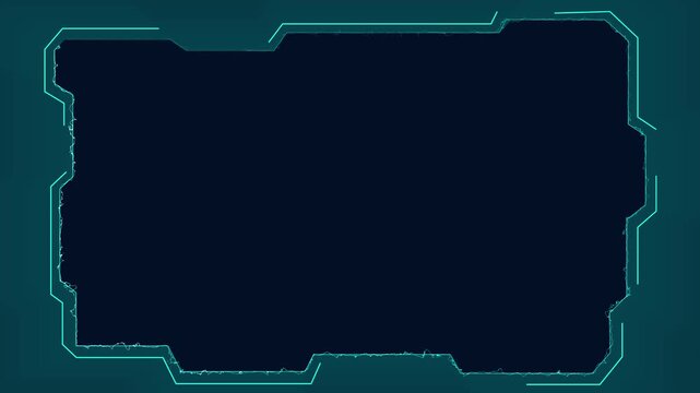 Futuristic interface frame glows with cyan digital lines around empty space. Broadcast media streams insert this interface frame layout. Interface frame displays shine very bright.
