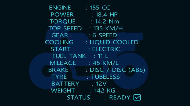 Motorcycle specifications display performance metrics near silhouette outline. Automotive engineering slides use this motorcycle asset. Motorcycle specifications data updates fast.