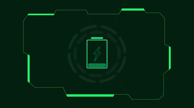 Green battery icon displays a charging symbol inside a futuristic frame. Smart energy management tools deploy this battery icon. Battery icon status loads up very cleanly.