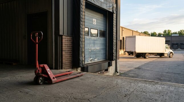 Red Pallet Jack Standing Outside Warehouse Loading Dock with Delivery Truck.