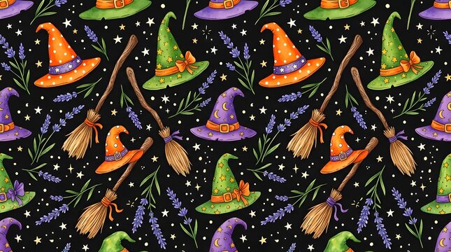 Seamless pattern with witch hats, brooms, lavender sprigs and stars on black background
