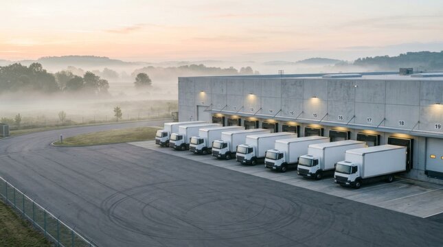 Row of delivery trucks parked at a large distribution center at dawn.