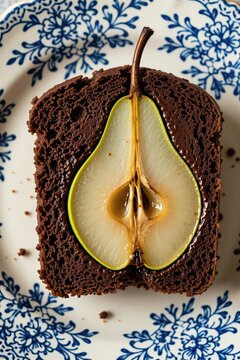 Slice of chocolate pear loaf cake sits on vintage ceramic plate. Moist dark sponge contains whole baked fruit inside. Homemade sweet pastry snack displays rustic style food photography. Delicious