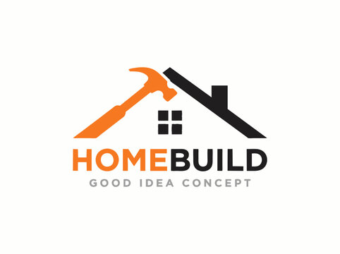 Homebuild construction logo with hammer and roof, house repair service icon, orange and black building contractor vector emblem