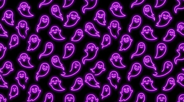 Seamless pattern with glowing purple neon ghosts on black background