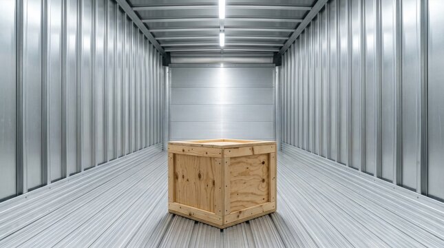 Wooden shipping crate inside an empty metal cargo container.