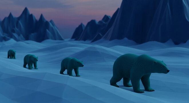 Stylized polar bears walk across a low-poly icy landscape under a twilight sky, symbolizing wilderness and natural themes