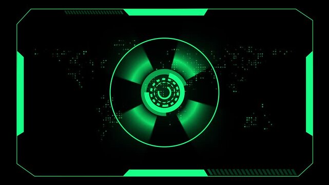 Futuristic green HUD interface tracks a world map using a circular scanner. Tactical navigation systems deploy green HUD interface. Green HUD interface sweeps very cleanly.