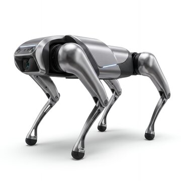 Silver quadruped robot dog with side mounted camera and blue LED strips in standing position