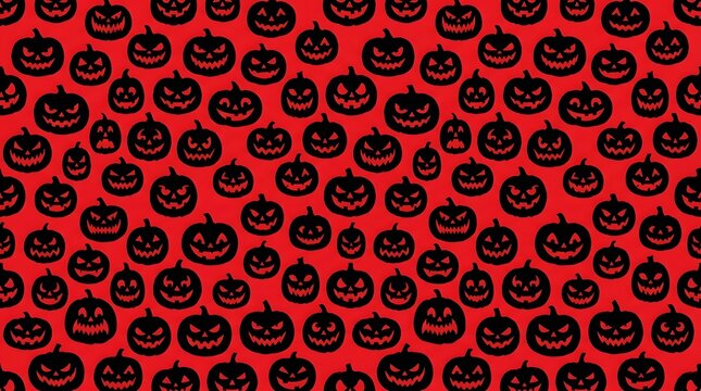 Seamless pattern with black jackolantern pumpkins on red background