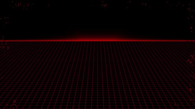 Red grid horizon projects glowing red lines and speckles on dark screen. Cyberpunk video title sequences insert red grid horizon. Red grid horizon lines flow very neatly.