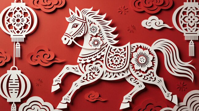 White ornamental horse illustration on red background with paper cut design. Chinese zodiac symbol style features floral patterns plus traditional lanterns with clouds. Festive art element for Asian