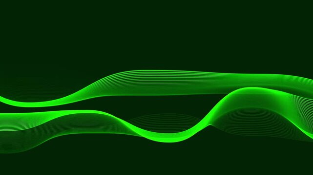 Glowing green wave lines glide smoothly across a dark minimalist backdrop. Contemporary art presentation slides use green wave lines. Green wave lines flow very smoothly now.