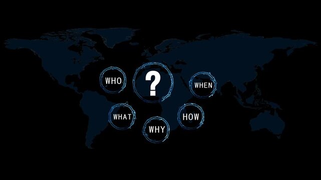 World map displays a central question mark alongside scattered inquiry words. Global market research decks adopt world map layout. World map layout parameters pulse fast.