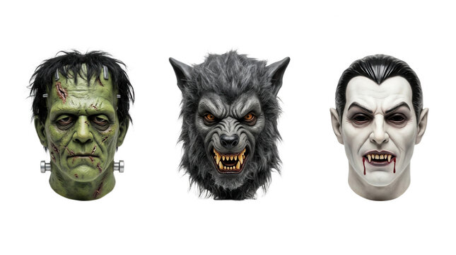 Collection of halloween monster masks including frankenstein werewolf and dracula for spooky celebrations