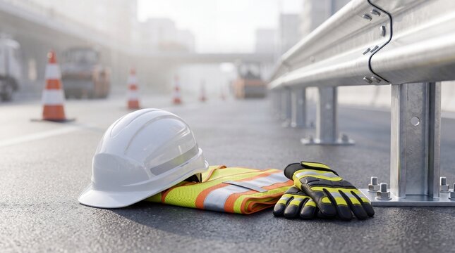 White hard hat and safety vest on road construction site with gloves asphalt near guardrail white helmet yellow