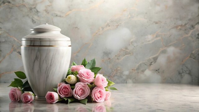 Elegant Marble Urn Surrounded by Delicate Pink Roses on Table