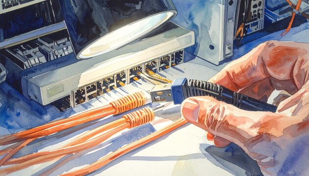 Hands connecting network cables to server rack.
