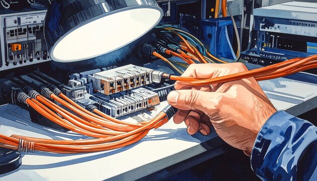 Technician connecting network cables in server room.