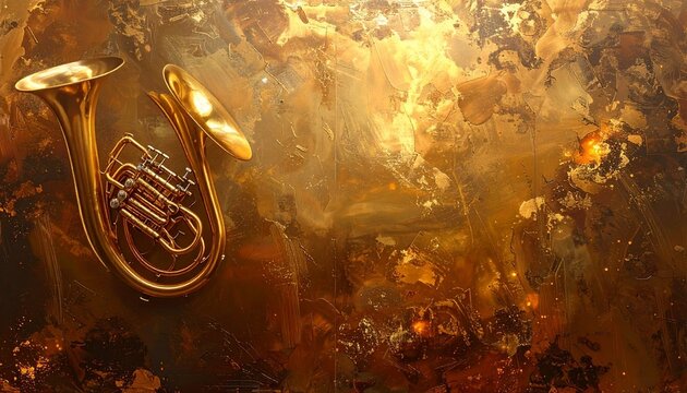 Golden Trombone on Dark Textured Background.