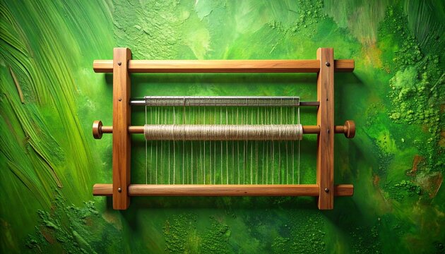 Vintage Wooden Weaving Loom on Green Textured Background.