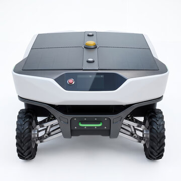 White autonomous solar vehicle with dual roof panels and green undercarriage for outdoor mobility