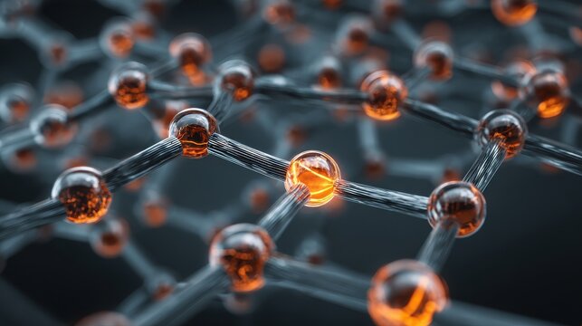 Abstract visualization of a complex molecular structure with interconnected atoms and vibrant orange spheres representing electrons in a scientific context