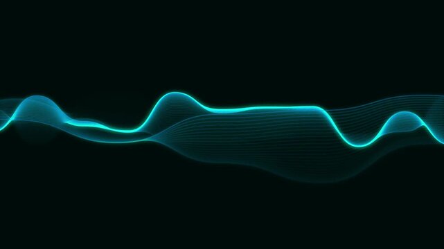 Abstract blue waveform displays cyan audio frequency lines over black field. Sound engineering training tutorials deploy blue waveform. Abstract blue waveform pulses very fast.
