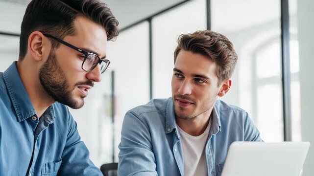 Two software developers are discussing a project while looking at a laptop. Male programmers collaborating on code in a modern office. Tech startup concept