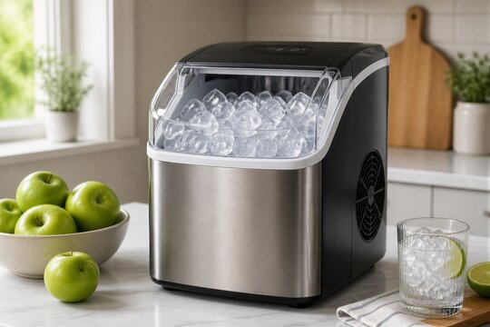 Countertop ice maker dispensing ice cubes on kitchen counter