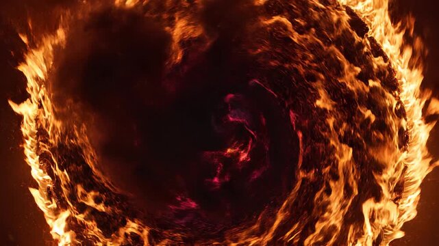 Fiery vortex spins in darkness with glowing embers and swirling flames during a dramatic celestial event