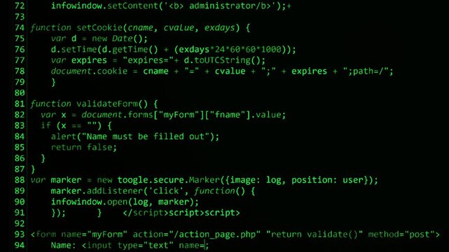 Digital source code with green programming text moving across a dark screen for coding and cybersecurity concept