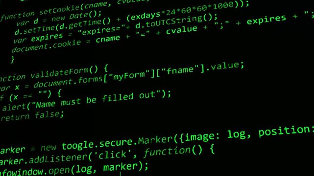 Animated green programming code scrolling across a dark computer screen for cybersecurity and software technology