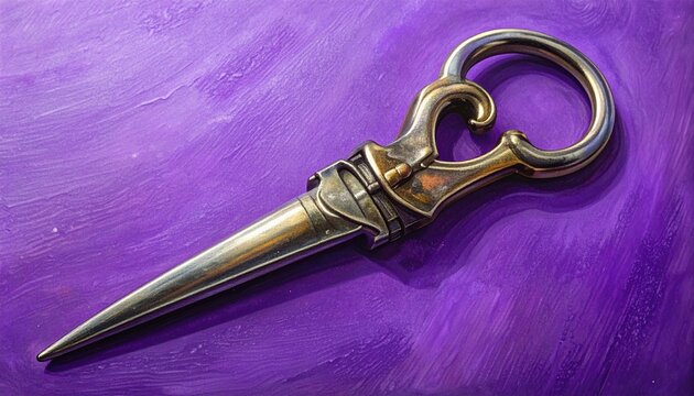 Antique Brass Letter Opener on Purple Background.