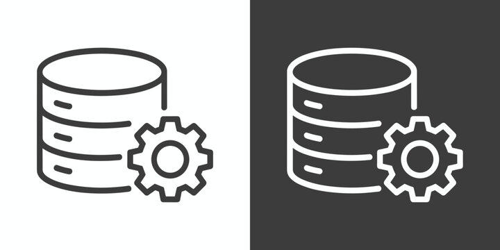 Database icon with Gear: Two minimalistic icons featuring a stack of database cylinders alongside a cogwheel, symbolizing data management, configuration, and technical operations.