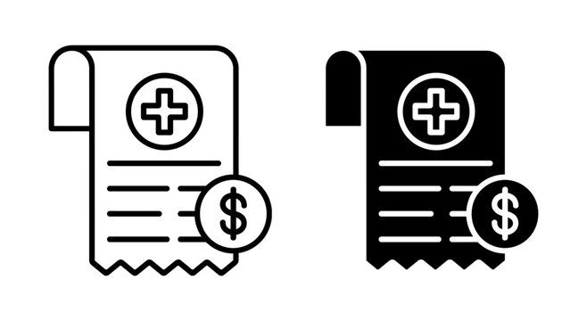 Medical Bill Icons: Two stylized icons represent a medical bill, one outlined and one solid black, each featuring a cross symbol within a circle and a dollar sign.