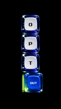 Crystal mechanical keycaps spelling opt-out vertically on black background with copy space for mobile privacy design