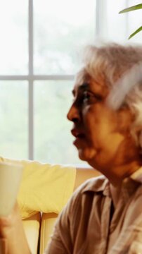 Indian Asian couple in their fifties with gray hair enjoying tea or coffee by a sunny window, relaxing on the sofa and spending quality time together in the morning