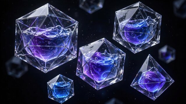 Abstract Geometric Crystal Containers Holding Luminous Purple Liquid.