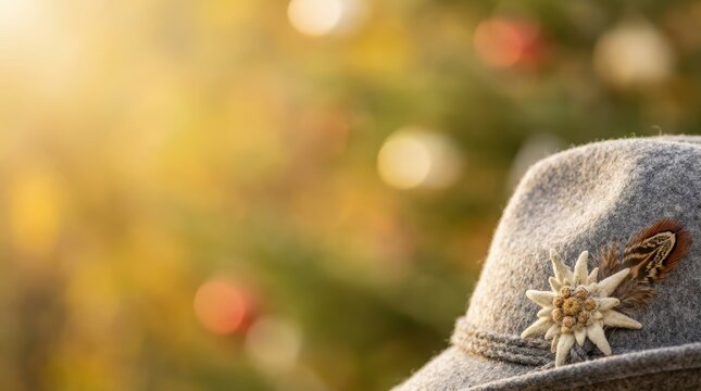 Traditional Bavarian alpine hat with edelweiss flower pin on bokeh background.