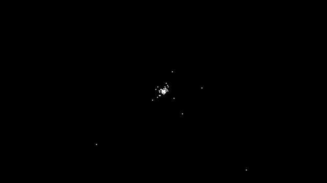 Abstract white particles cluster rotating and dispersing on black background in dynamic motion for futuristic science fiction visuals.